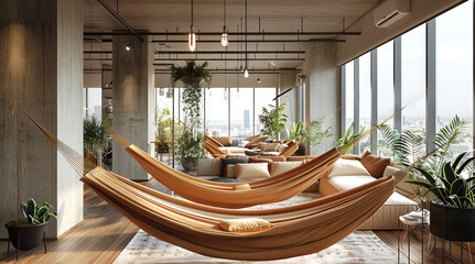 Design a rooftop-inspired office kitchen featuring hammocks and modular sofas arranged for a relaxed morning coffee experience. wood floors and wood ceiling.