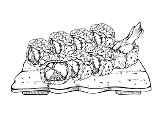 Japanese food sushi roll set served on ceramic plate with raw fish shrimp prawn tempura, sesame avocado daikon, hand drawn in vector pen and ink. Illustration for restaurant, cafe menu, recipe book