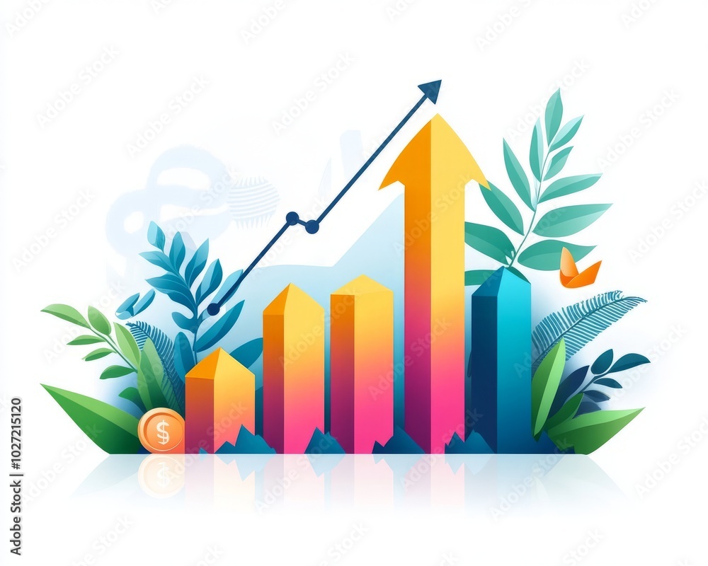 Wall mural Colorful upward arrow graph surrounded by green leaves and a coin for growth, success, profit, and financial stability.