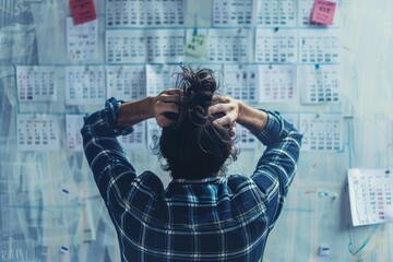 A person standing in front of a large calendar marked with numerous payment due dates, holding their head in stress.