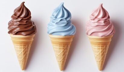 Three soft serve ice cream cones in chocolate, blue and pink flavors against a white background.