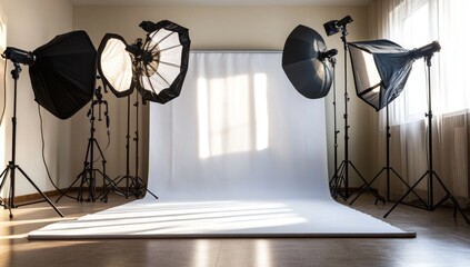 A photography studio setup with white backdrop, multiple lighting equipment and a large window.