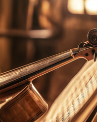 Close-up of a Violin with Sheet Music in Warm Lighting