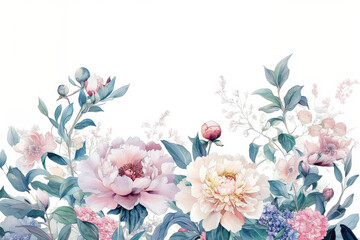 Fototapeta premium Abstract watercolor peony flowers and leaves and wild flowers at footer background, pastel color 