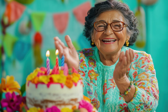 Joyful elderly woman celebrating her birthday with a colorful cake and decorations.