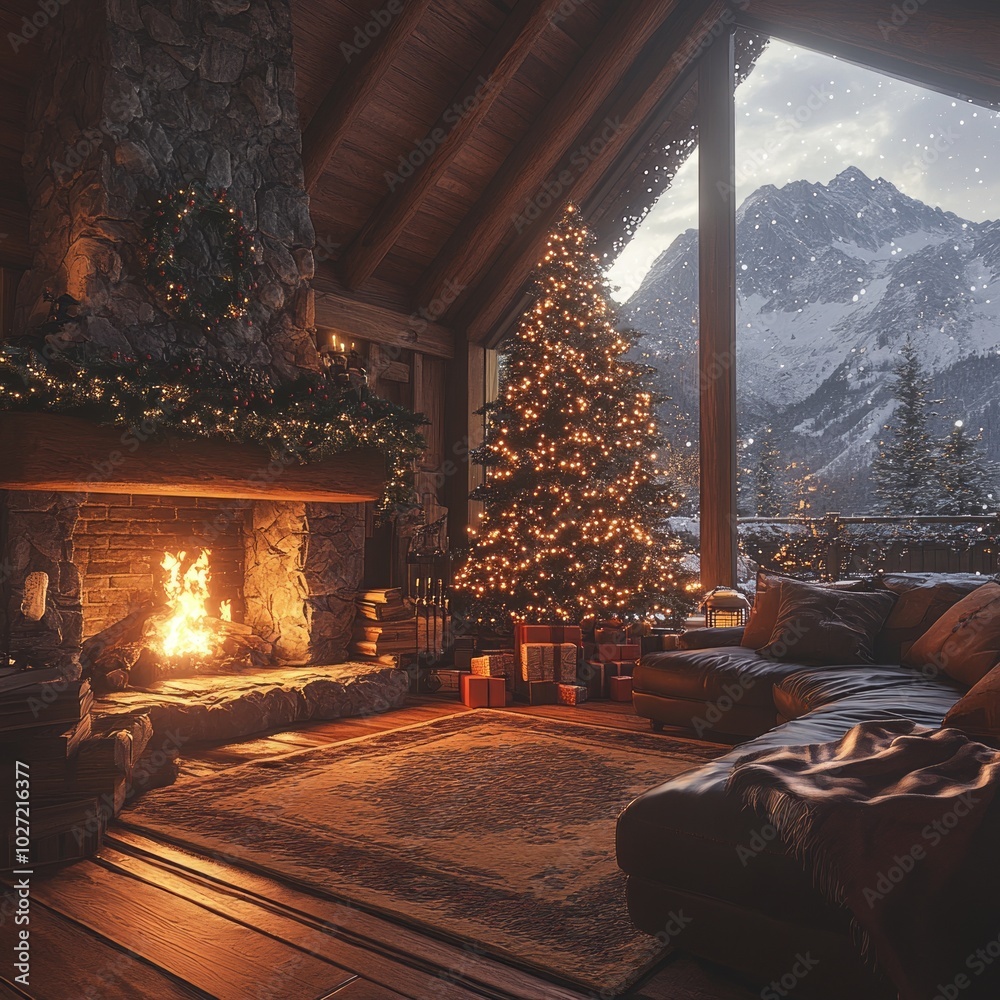 Poster Cozy cabin living room with fireplace, Christmas tree, and mountain view.