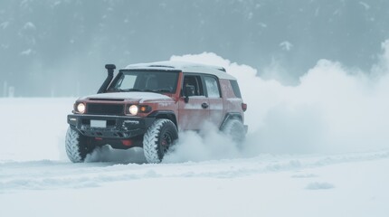 A rugged off-road vehicle driving through deep snow, spraying a cloud of snow behind.