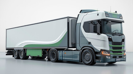Modern truck design with sides, white background, green cab, grey and white color scheme.