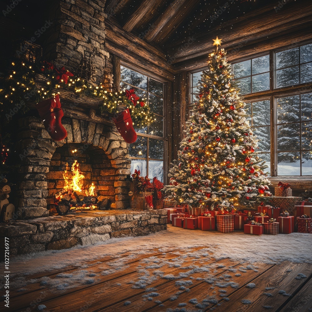 Poster Cozy cabin with a lit fireplace, decorated Christmas tree, and presents on a snowy floor.