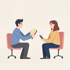 Two colleagues sharing ideas during a discussion, using documents and mobile devices on a light background