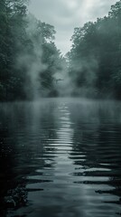 Misty Lake Reflections: Tranquil Forest Scene
