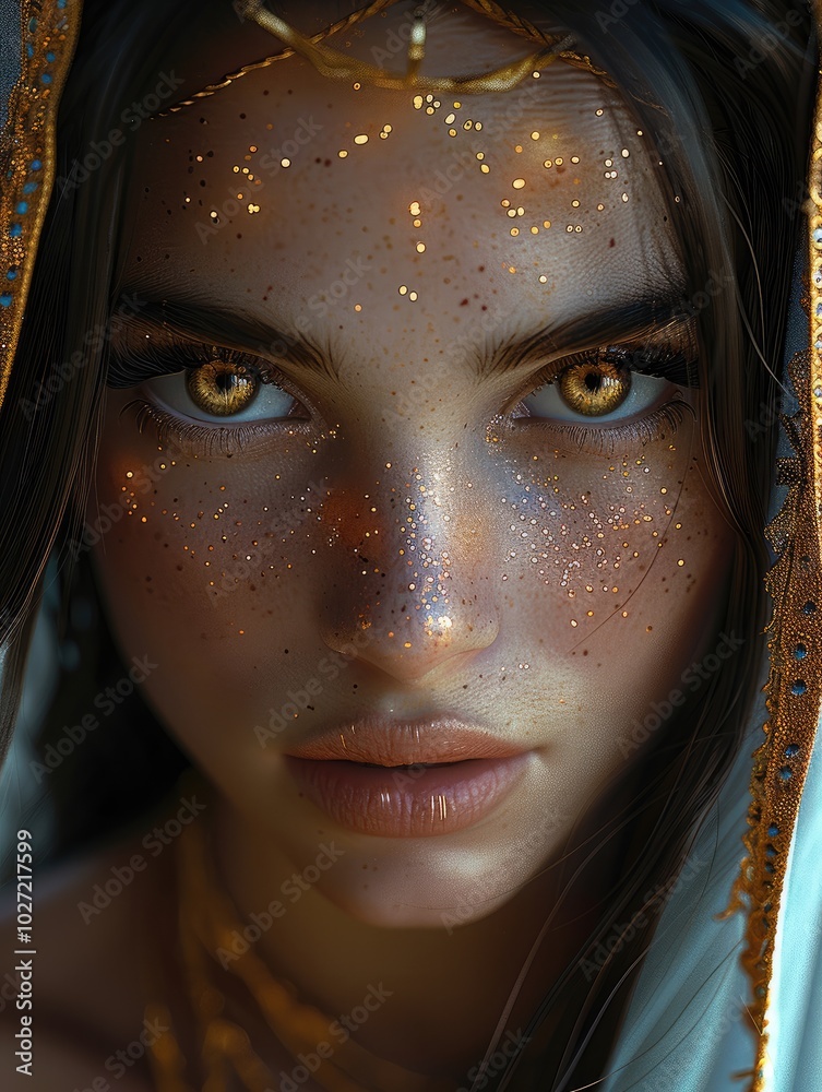 Wall mural Beautiful woman, face covered with golden freckles, luminescent amber eyes, long black hair, braided harnesses and grafted with golden.