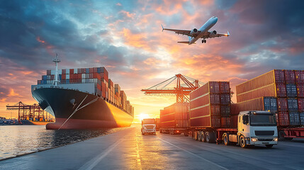 Cargo plane, ship, and truck loading at a busy international port.