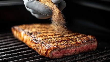 A close-up image of a grilled steak being seasoned with spices by a gloved hand on a barbecue grill.