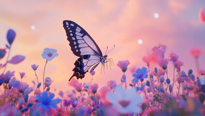 A butterfly in flight over a field of pink and blue flowers at sunset.