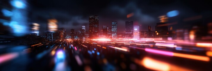 Obraz premium An impressive city skyline at night is electrified by streaks of colorful lights, capturing the vibrancy and energy of urban life in a bustling metropolis.