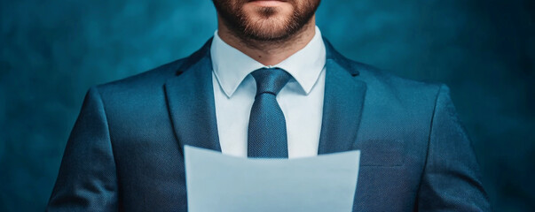 A professional man in a suit holds a document, showcasing confidence and readiness for business discussion in a modern office setting.