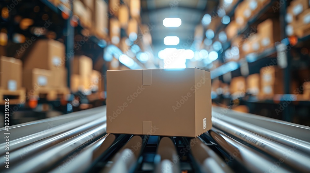 Aufkleber close up of a conveyor belt with a box on it.