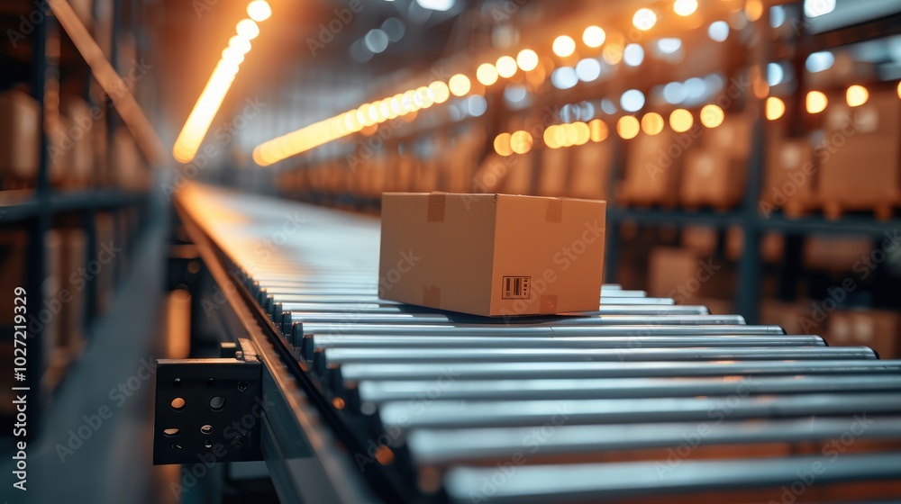 Poster Close up of a conveyor belt with a box on it.