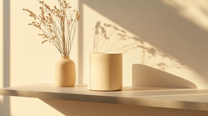 Dried Flowers in a Vase and a White Cylinder on a Shelf