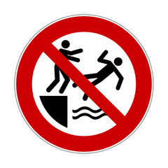 No pushing into water safety sign. Vector illustration of red crossed out circle sign with man  pushing the other man. Prohibition symbol isolated on white background.