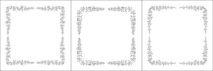 Set of three elegant black and white vegetal ornamental frame with flowers, decorative border, corners for greeting cards, banners, business cards, invitations, menus. Isolated vector illustration.	