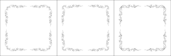 Set of three vegetal vector frames with forest flowers and leaves, bluebells frame. Black and white. Vector frame for all sizes and formats. Isolated vector illustration.	
