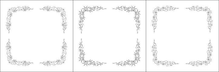 Set of three vegetal vector frames with violet flowers and leaves. Black and white. Vector frame for all sizes and formats. Isolated vector illustration.	