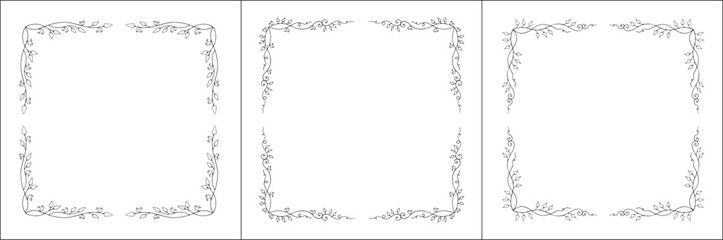 Set of three vegetal vector frames with forest flowers and leaves, bluebells frame. Black and white. Vector frame for all sizes and formats. Isolated vector illustration.	

