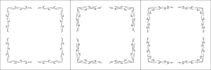 Set of three vegetal vector frames with forest flowers and leaves. Black and white. Vector frame for all sizes and formats. Isolated vector illustration.	