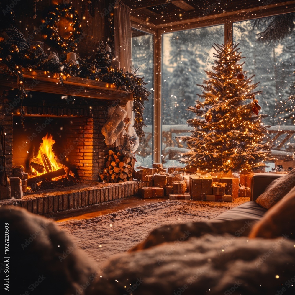 Canvas Prints Cozy living room with a fireplace, Christmas tree, and presents during a snowy winter day.