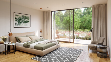Modern bedroom with a garden view. 3D rendering.
