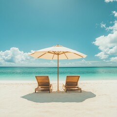 Fototapeta premium Two beach chairs under an umbrella on a pristine sandy beach with turquoise water and blue sky.