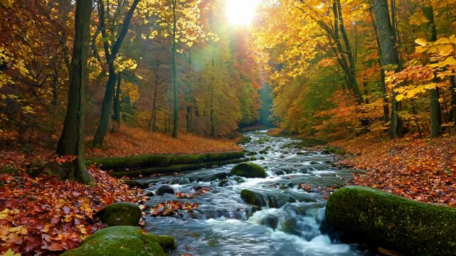 Small Stream Flowing Through Forest with Bright Autumn Leaves and Sunlight