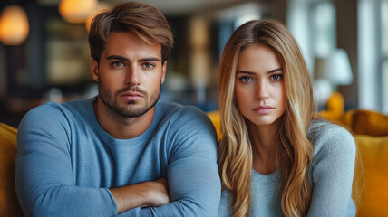 A man and a woman are sitting on a couch, looking at the camera. The man is wearing a blue shirt and the woman has blonde hair. Scene is casual and friendly