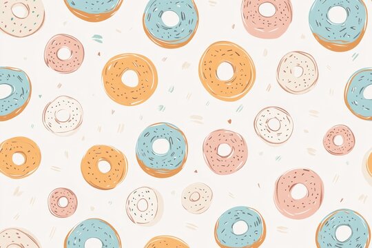 Colorful donut pattern on a light background showcasing various designs and shapes with playful, whimsical elements