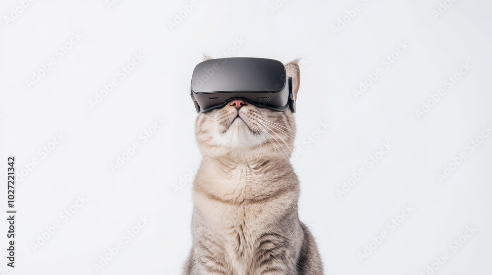 Wall mural a british shorthair cat wearing a virtual reality VR headset on a white studio background