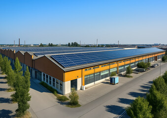 Obraz premium Factory or warehouses buildings complex, with solar photovoltaic panels on roof, aerial view. Generative AI