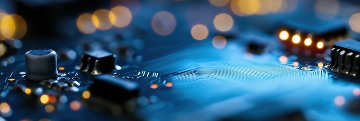 A detailed close-up of a modern electronic circuit board, showing intricate pathways and glowing lights, representing technology, connectivity, and innovation.