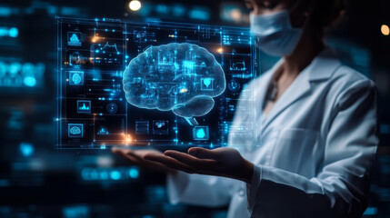 A scientist in a lab coat interacts with digital brain visuals while wearing a mask, showcasing cutting-edge technology and research techniques