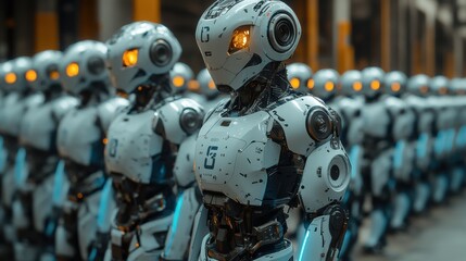 Fototapeta premium Row of futuristic humanoid robots in industrial warehouse, artificial intelligence, advanced robotics, manufacturing technology, sci-fi, cybernetic machines, robotic assembly line, high-tech industry