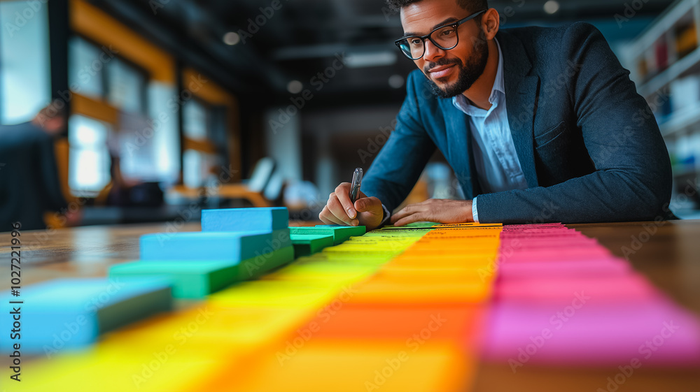 Poster a man in a suit is writing on a colorful chart. the chart is filled with different colored squares, 