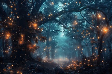 Obraz premium A forest with glowing lights and butterflies,generative ai image