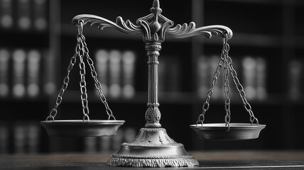 A black and white photo of a scale with two scales on either side of a silver pole. The scales are empty and the photo is taken in a library setting