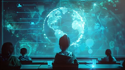 Futuristic Holographic Classroom Symbolizing Global Connectivity in Digital Education and Distance Learning