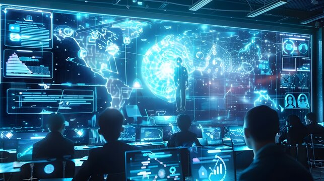 Futuristic Holographic Classroom with Connected Global Students Learning from Digital Teacher