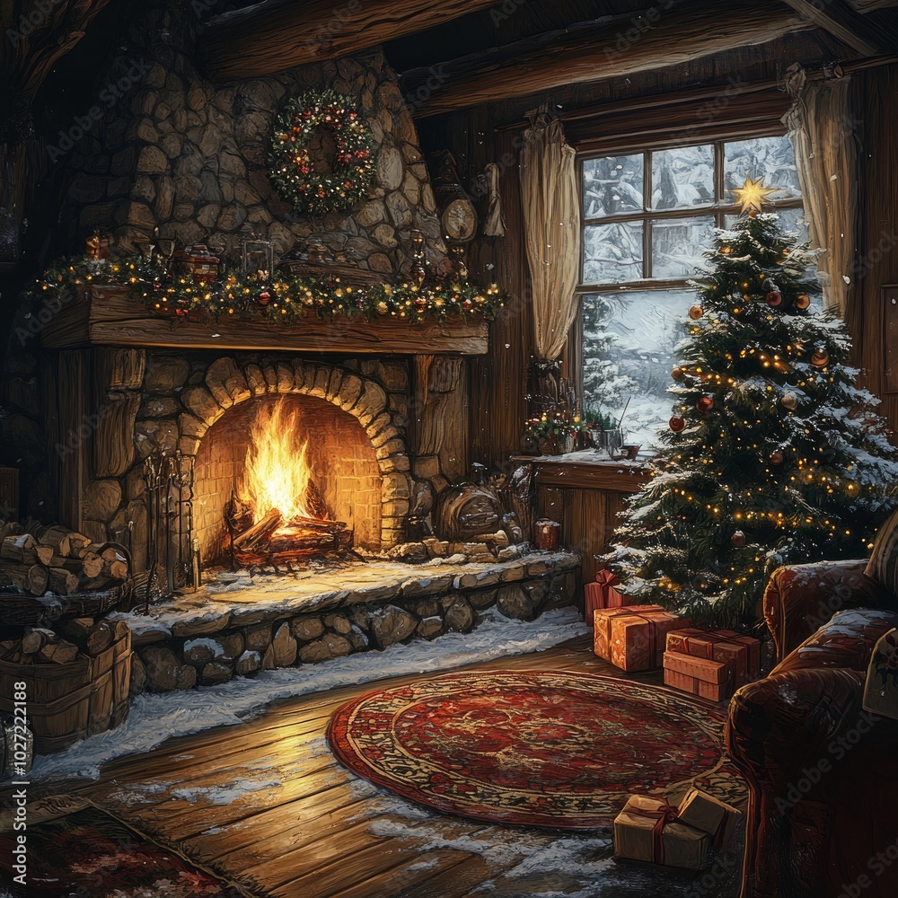 Wall mural Cozy winter cabin interior with fireplace, Christmas tree, and gifts.