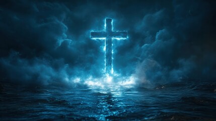 Fototapeta premium Glowing neon blue cross illuminated in a dark, misty landscape, atmospheric spiritual scene, mysterious glow, religious symbol, faith in a haunting environment, contrast of light and dark
