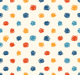 Seamless pattern abstract colored dots hand drawn Y2K naive. Brush stroke vector organic colorful doodle circle dotted background. Polka dot pattern. Playful and versatile vector pattern hand-painted.