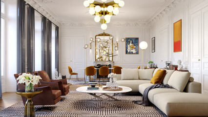 Luxury classic Paris apartment. Living room with a fireplace. 3D Rendering.